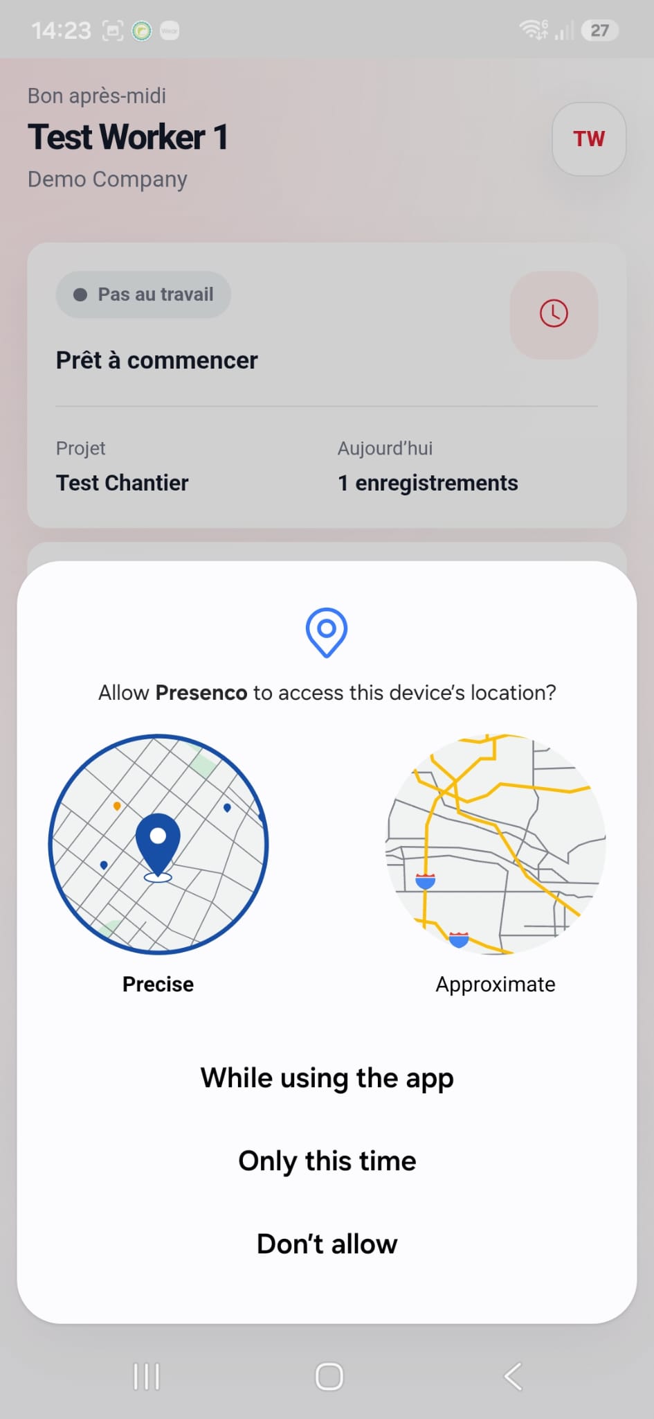 Android permission with Precise and While using the app selected