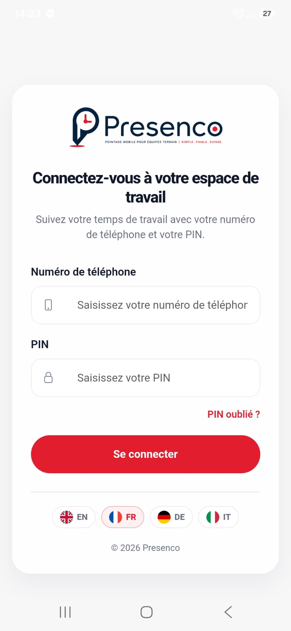 Presenco sign-in screen on Android