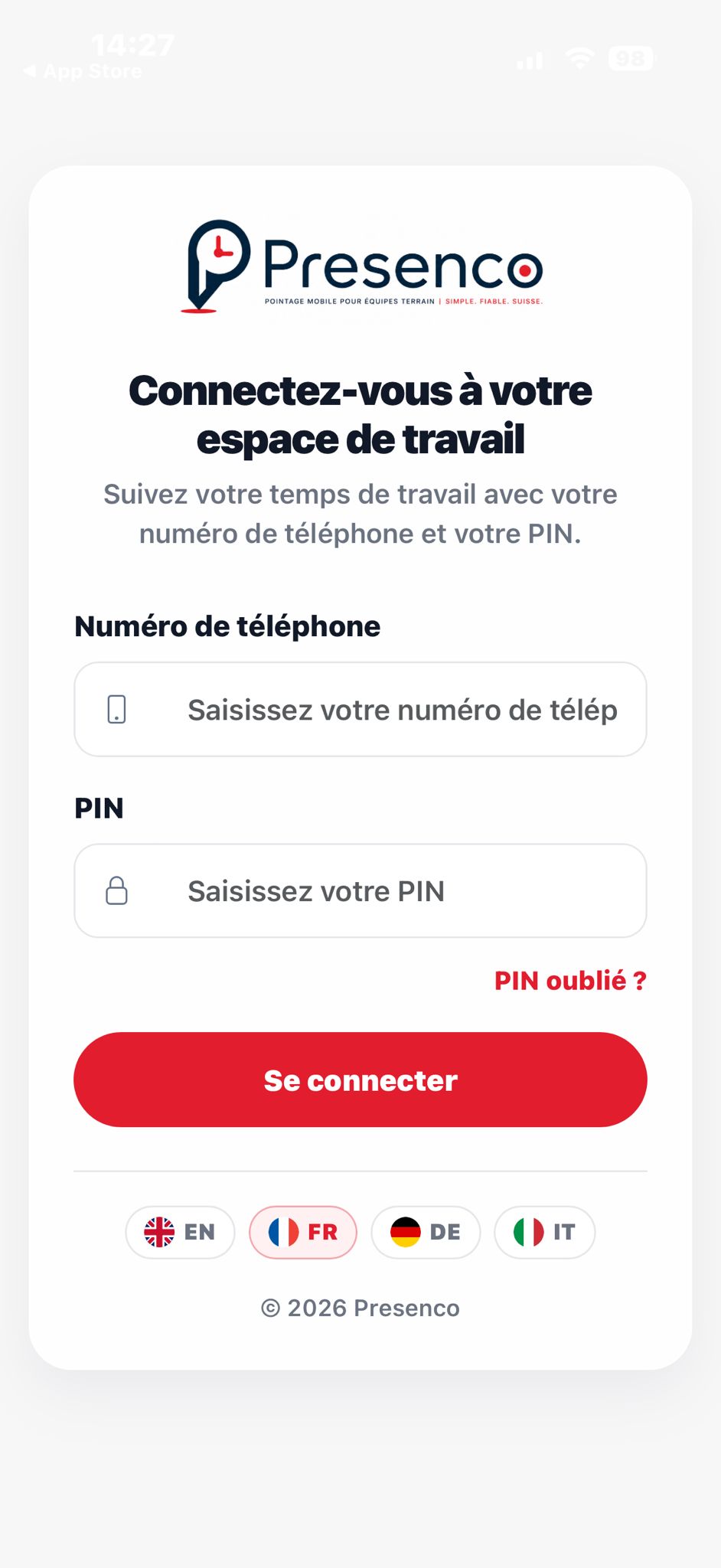 Presenco sign-in screen on iPhone